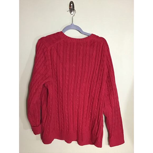 LL Bean Women Cable Knit Fisherman Sweater Sz.2X Red Wool Heavyweight Cardigan - Picture 3 of 10